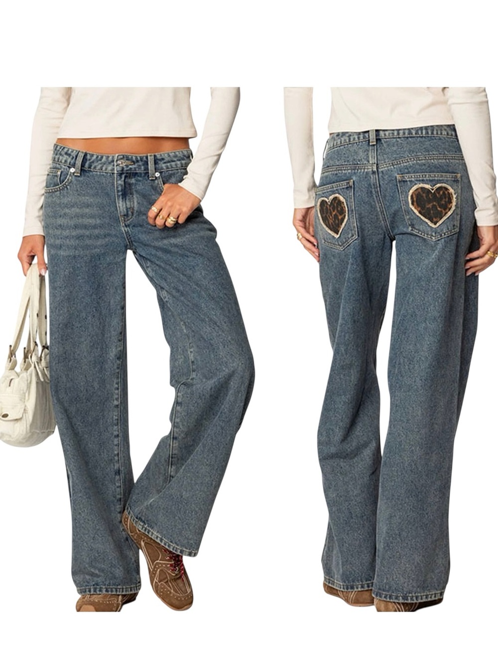 EDIKTED Leopard Heart Low Rise Baggy Wide Leg Jeans Y2K Blue Small